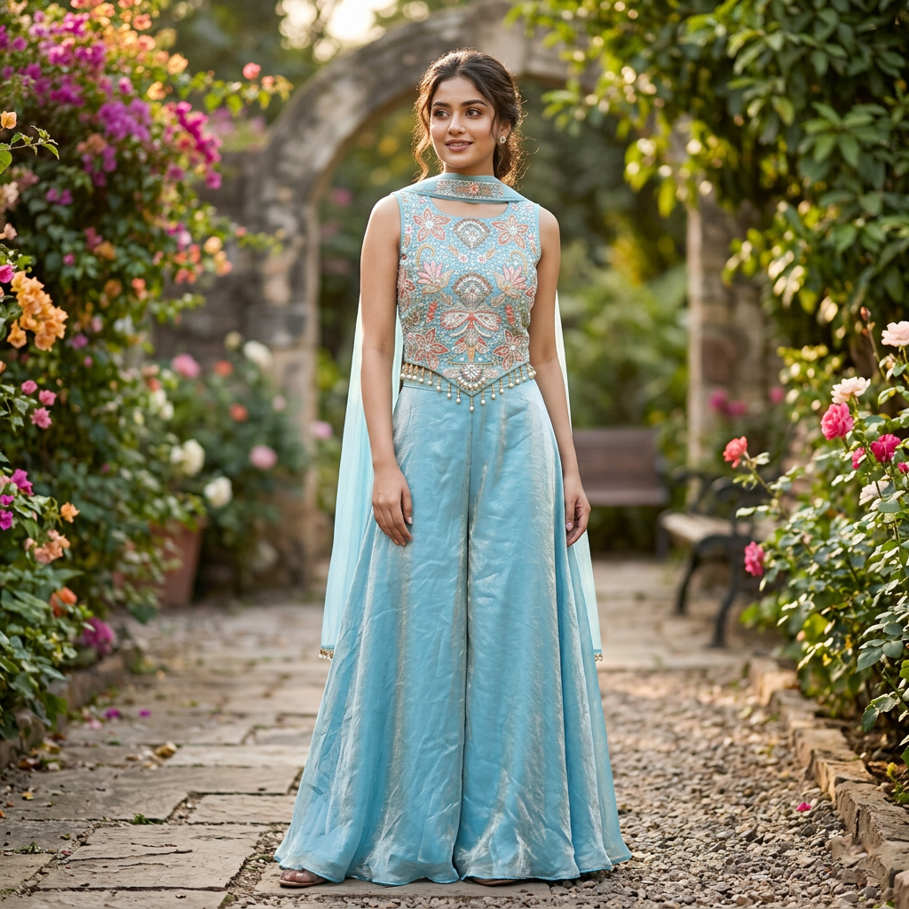 Sky Blue Color Girls Branded Readymade Sharara set