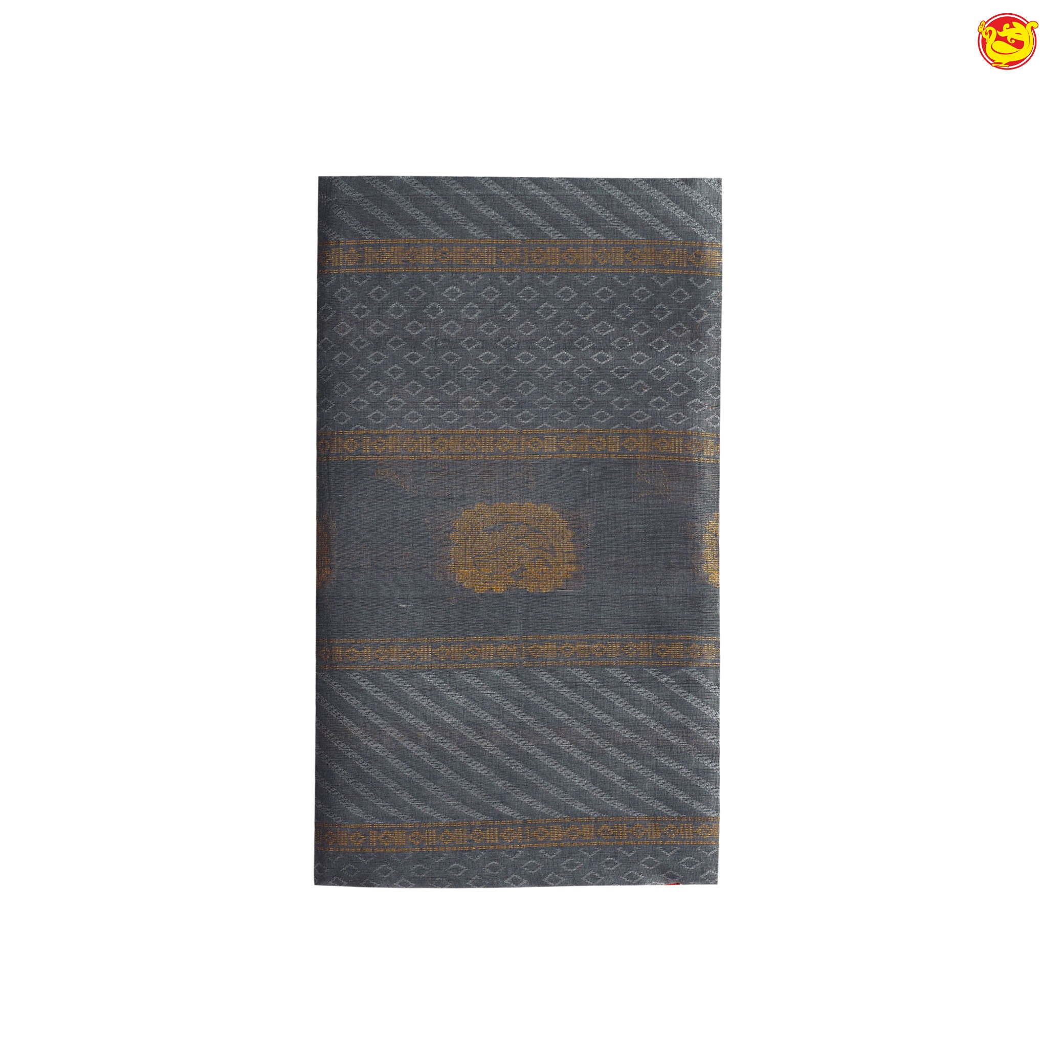 Dark Grey and Dark Red With Gold Zari Floral Buttas Pure Silk Cotton Saree