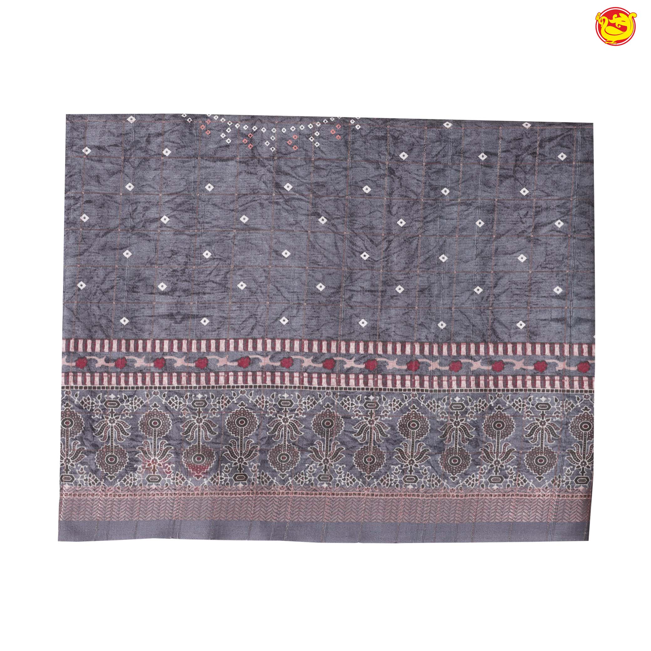 English Grey Bandhani Print Zari Border Russian Silk Saree