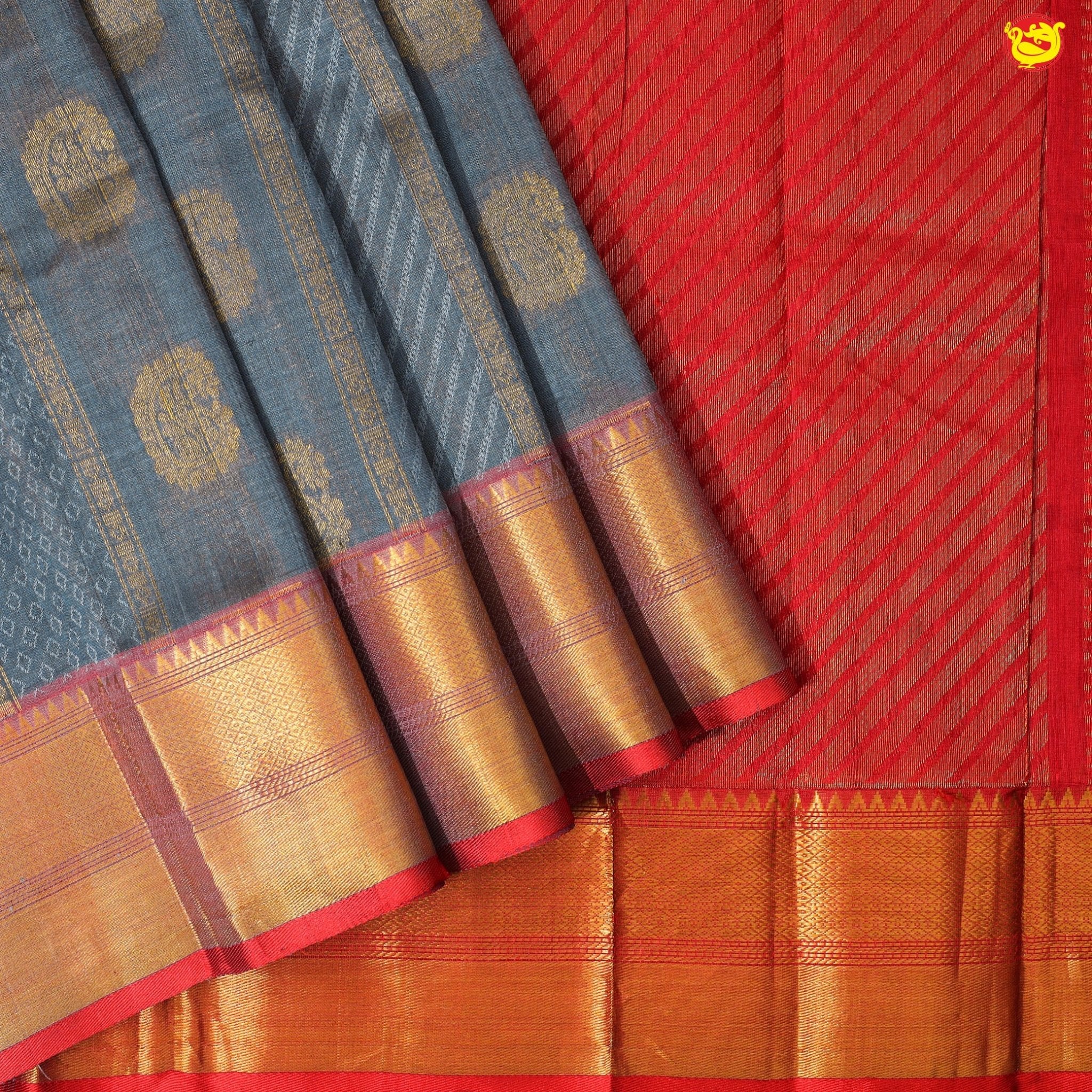 Dark Grey and Dark Red With Gold Zari Floral Buttas Pure Silk Cotton Saree - Thenianantham