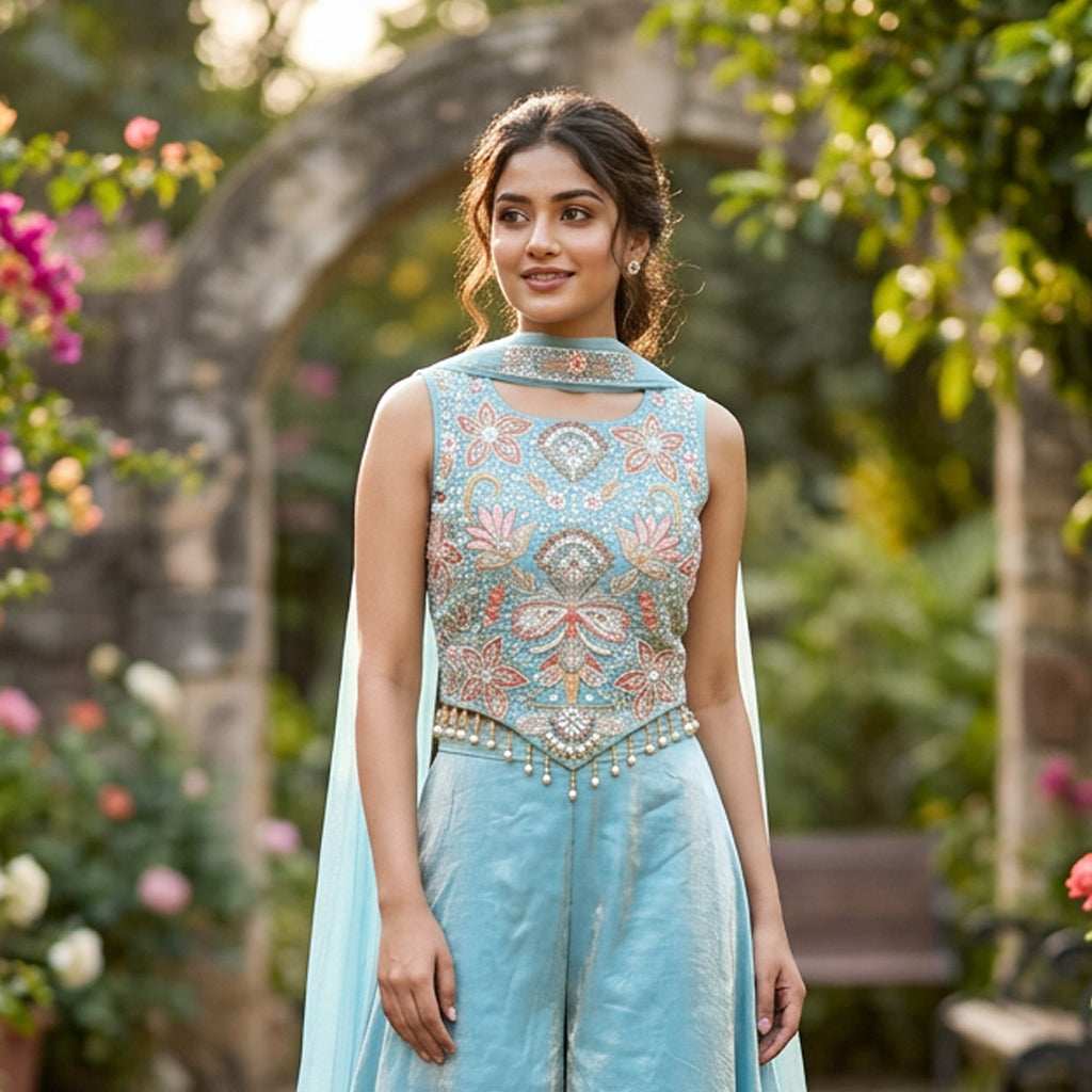 Sky Blue Color Girls Branded Readymade Sharara set