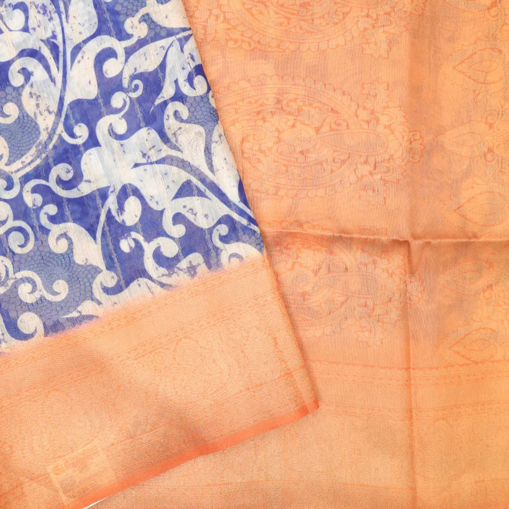 Blue with Orange Paisley Design Pattern Semi Burberry Silk Saree