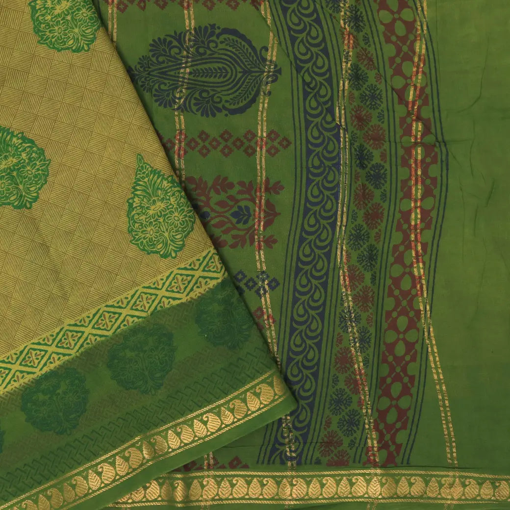 Brown with green  Mul Mul Cotton Saree without Blouse