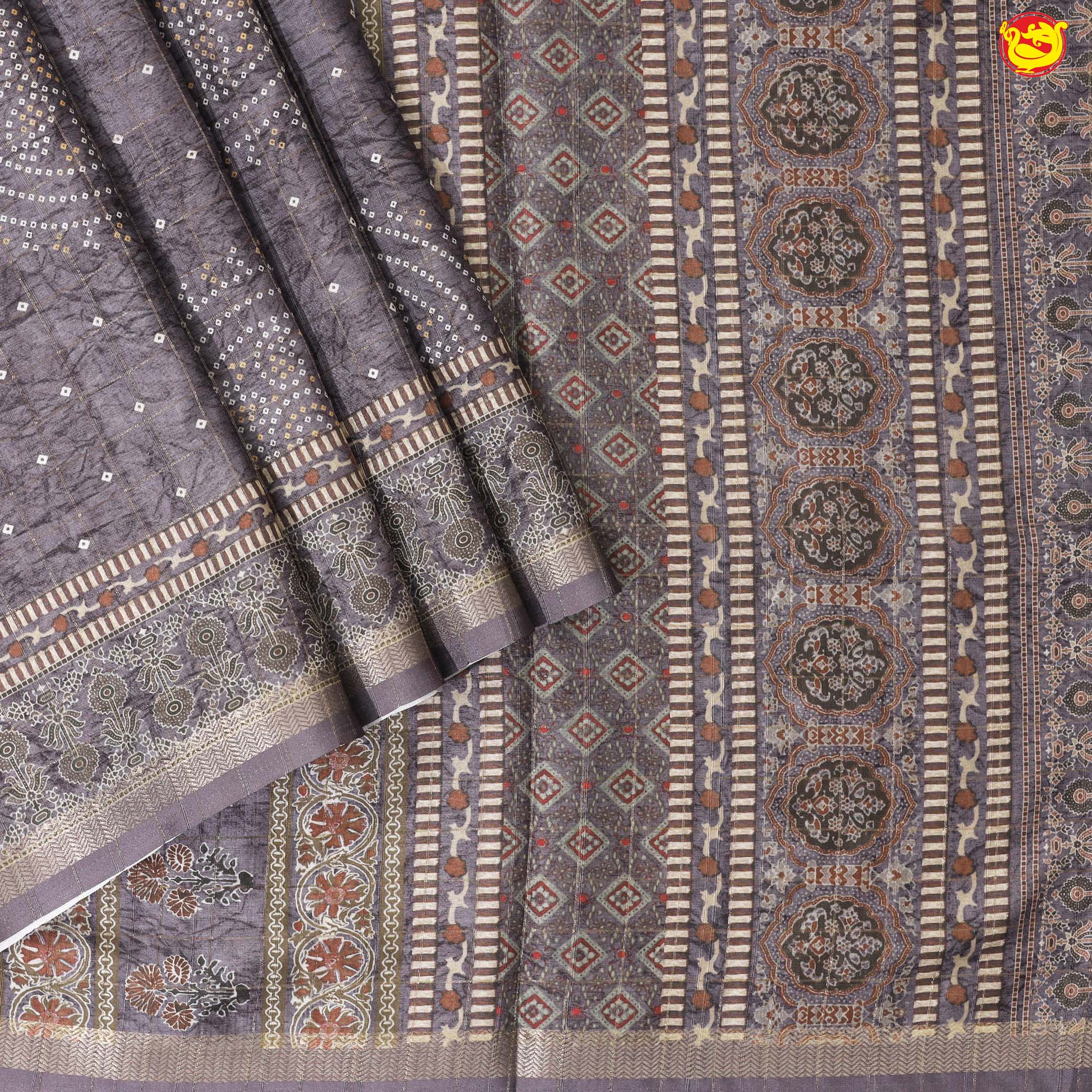 English Grey Bandhani Print Zari Border Russian Silk Saree