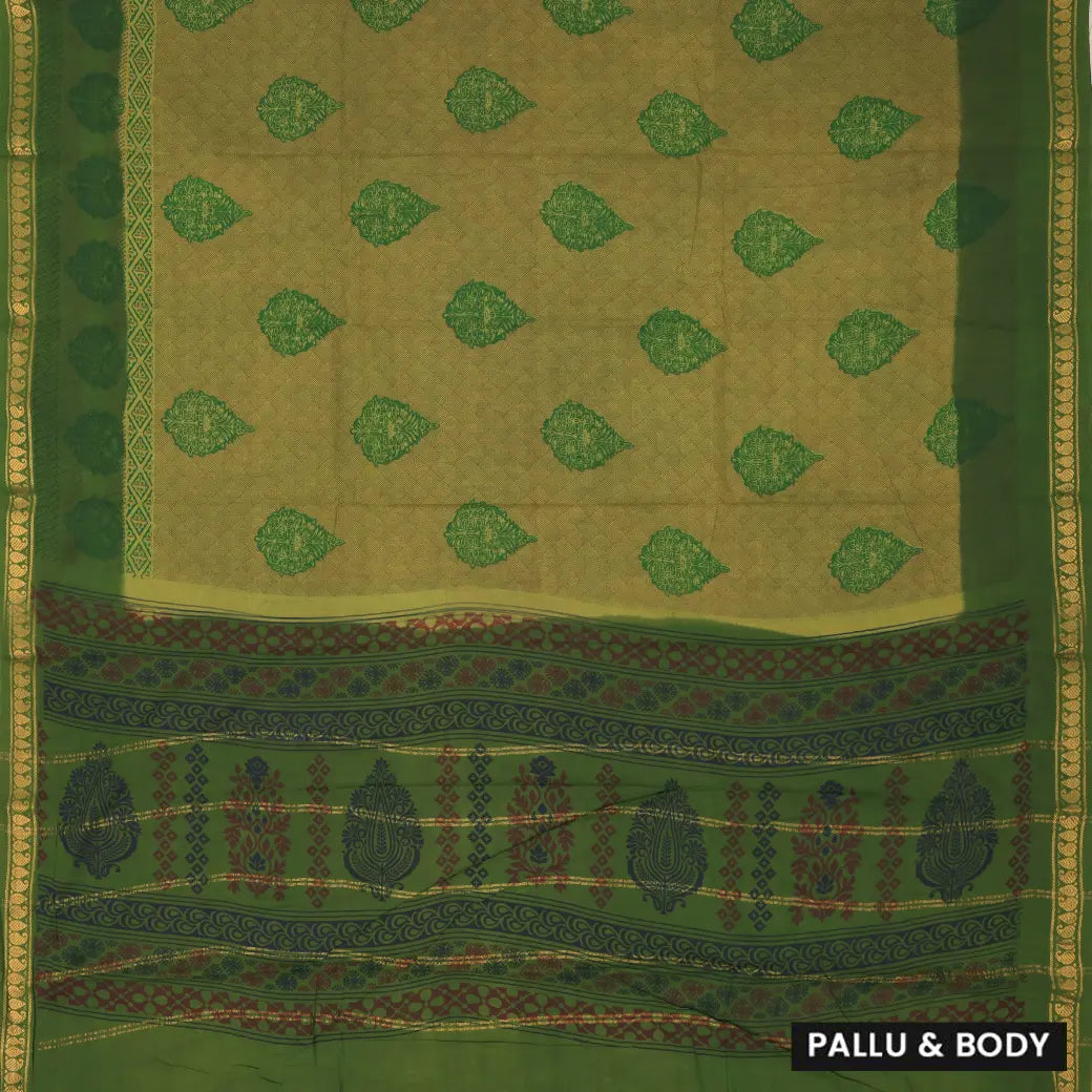 Brown with green  Mul Mul Cotton Saree without Blouse