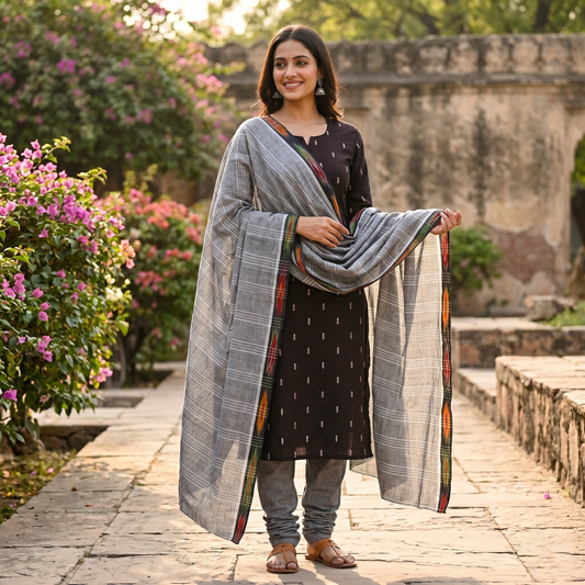 Dark Brown With Grey Cotton Ladies Chudithar Material