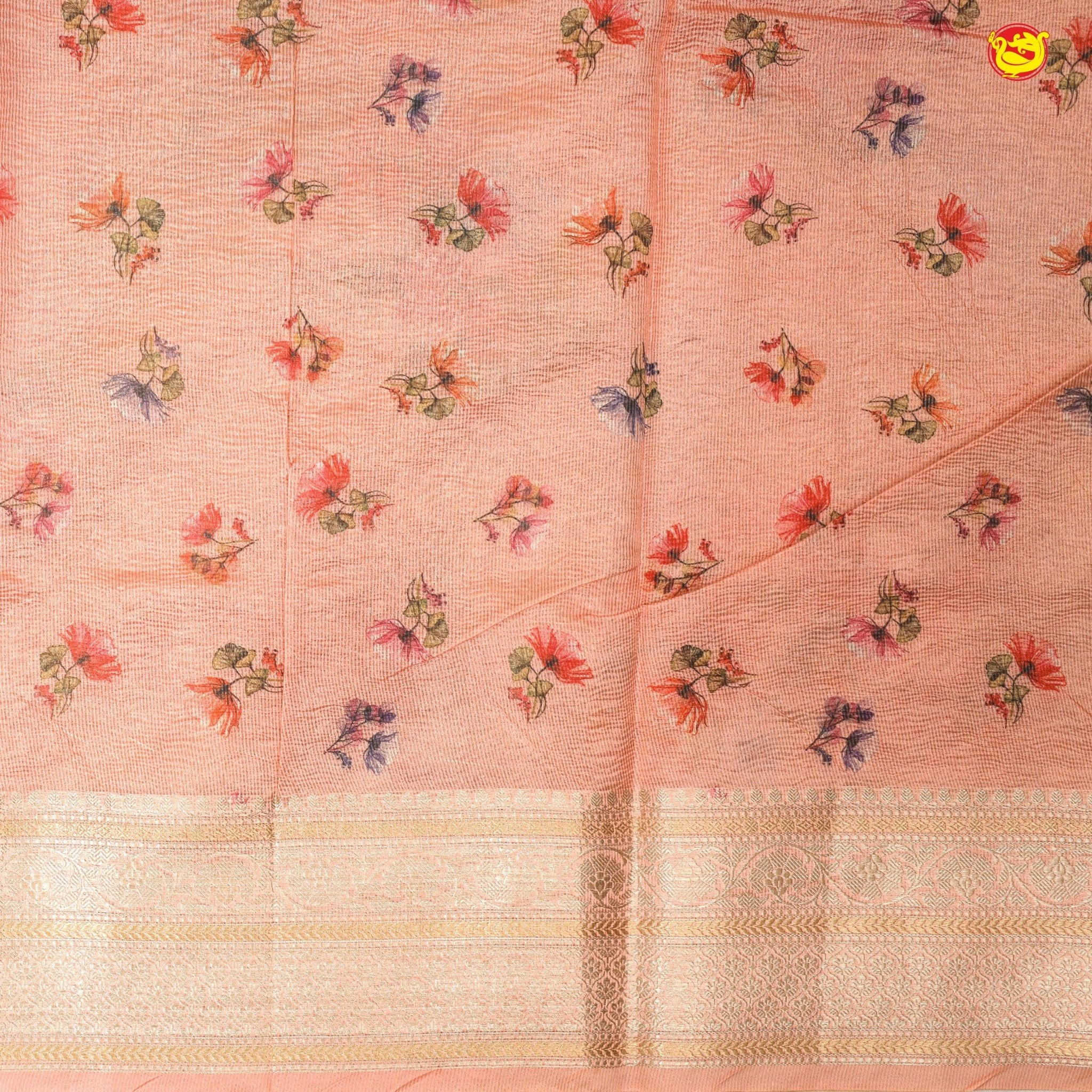 Peach With Gold Zari Border Tissue Crush With Floral Digital Prints saree - Thenianantham