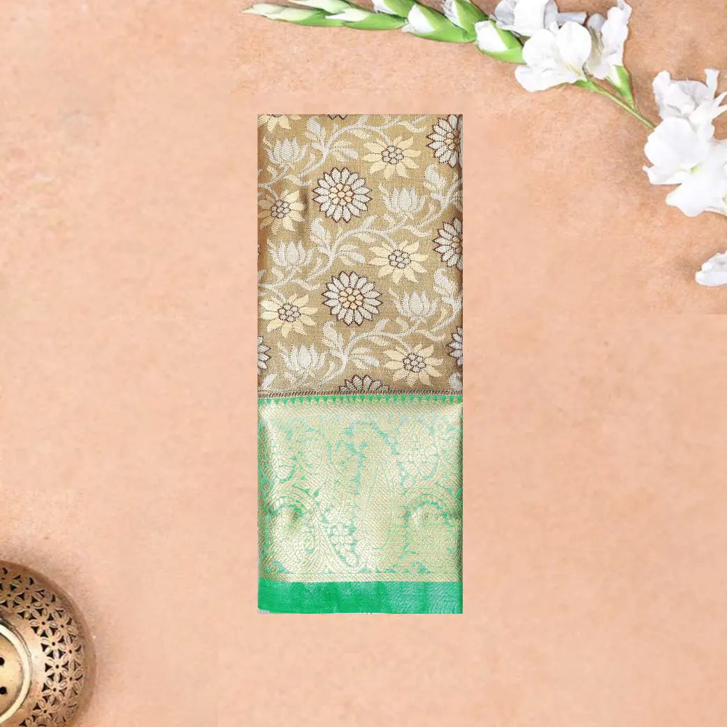 Olive gold  With Green Border Floral Design Traditional  Pattu Pavadai Material