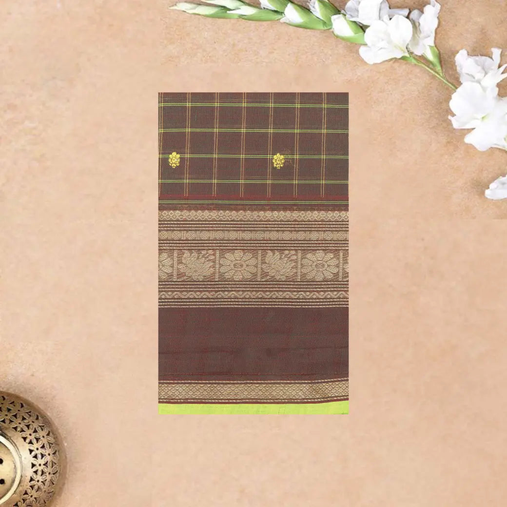 Brown with Lime Yellow Green Checked Pattern Pure Chettinad Cotton Saree without Blouse