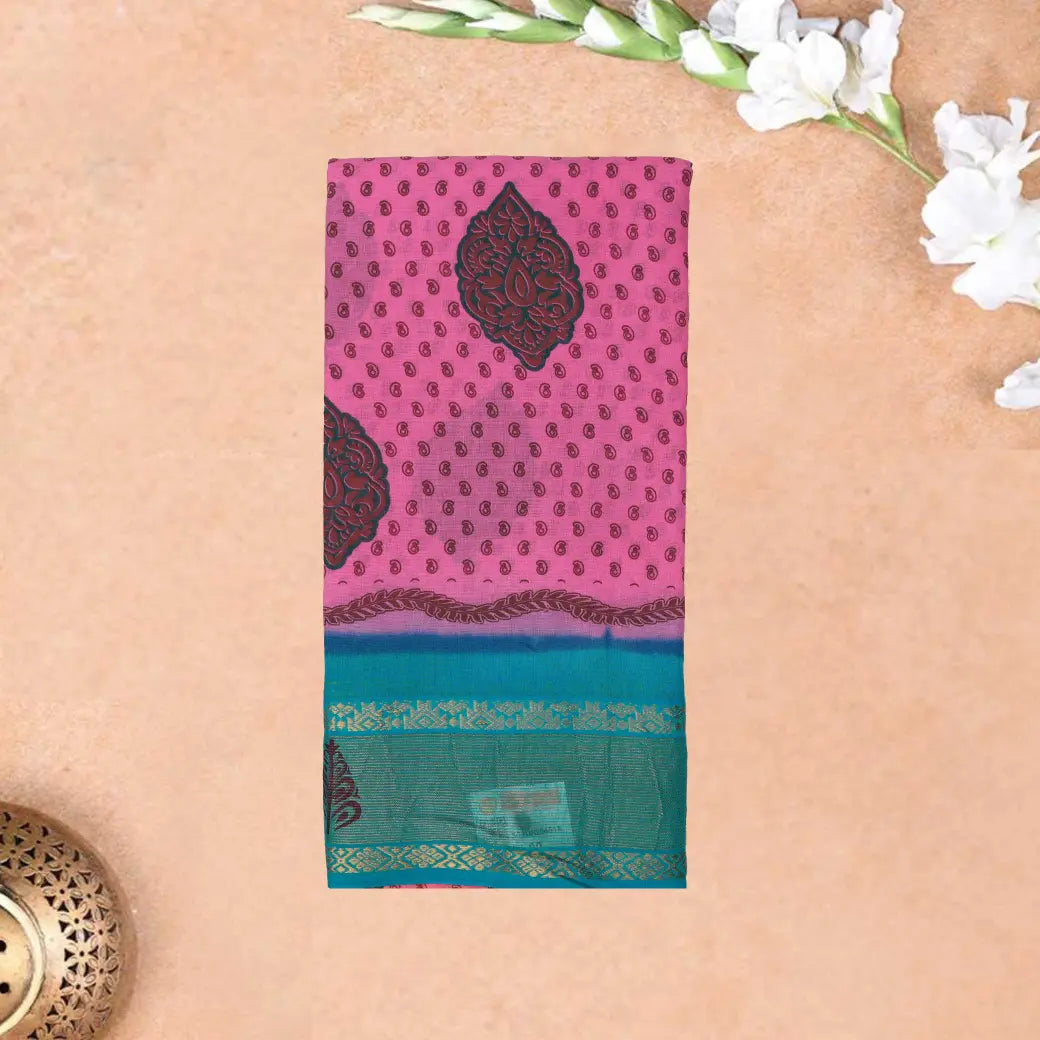 Pink with Blue  Mul Mul Cotton Saree without Blouse