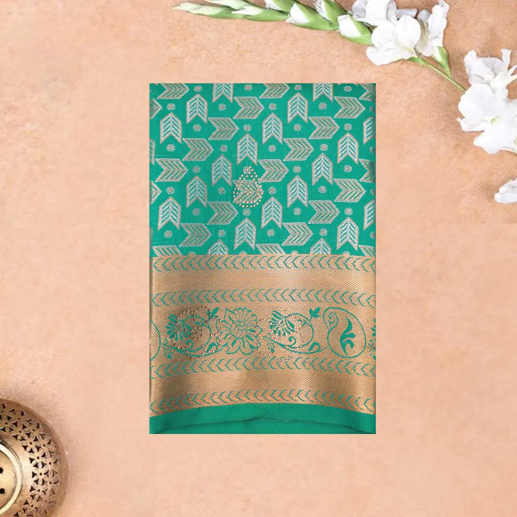 Teal Green Colour Floral Design Traditional  Pattu Pavadai Material