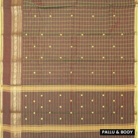 Brown with Lime Yellow Green Checked Pattern Pure Chettinad Cotton Saree without Blouse