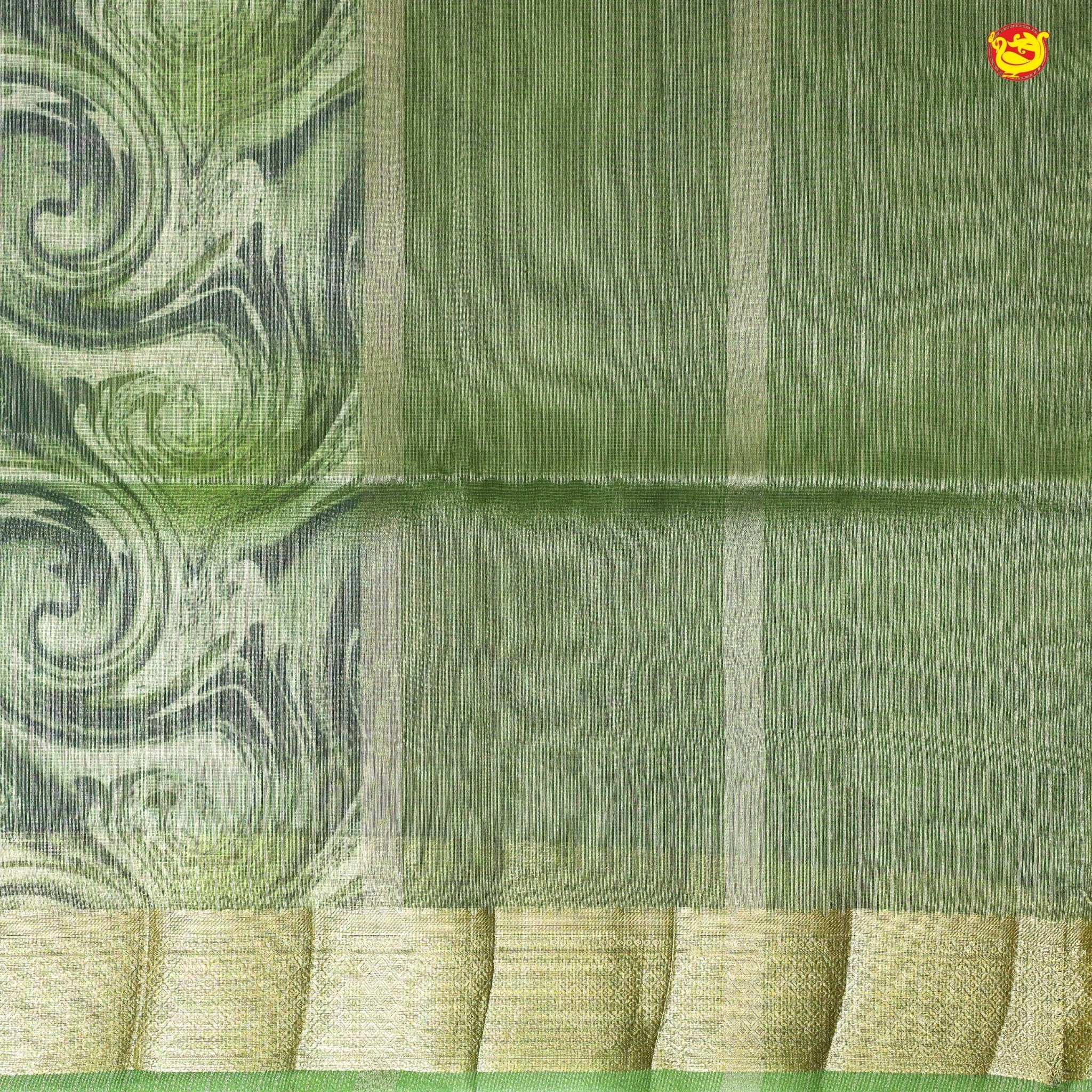 Olive Green with Gold Zari Border Tissue With Digital Prints saree - Thenianantham