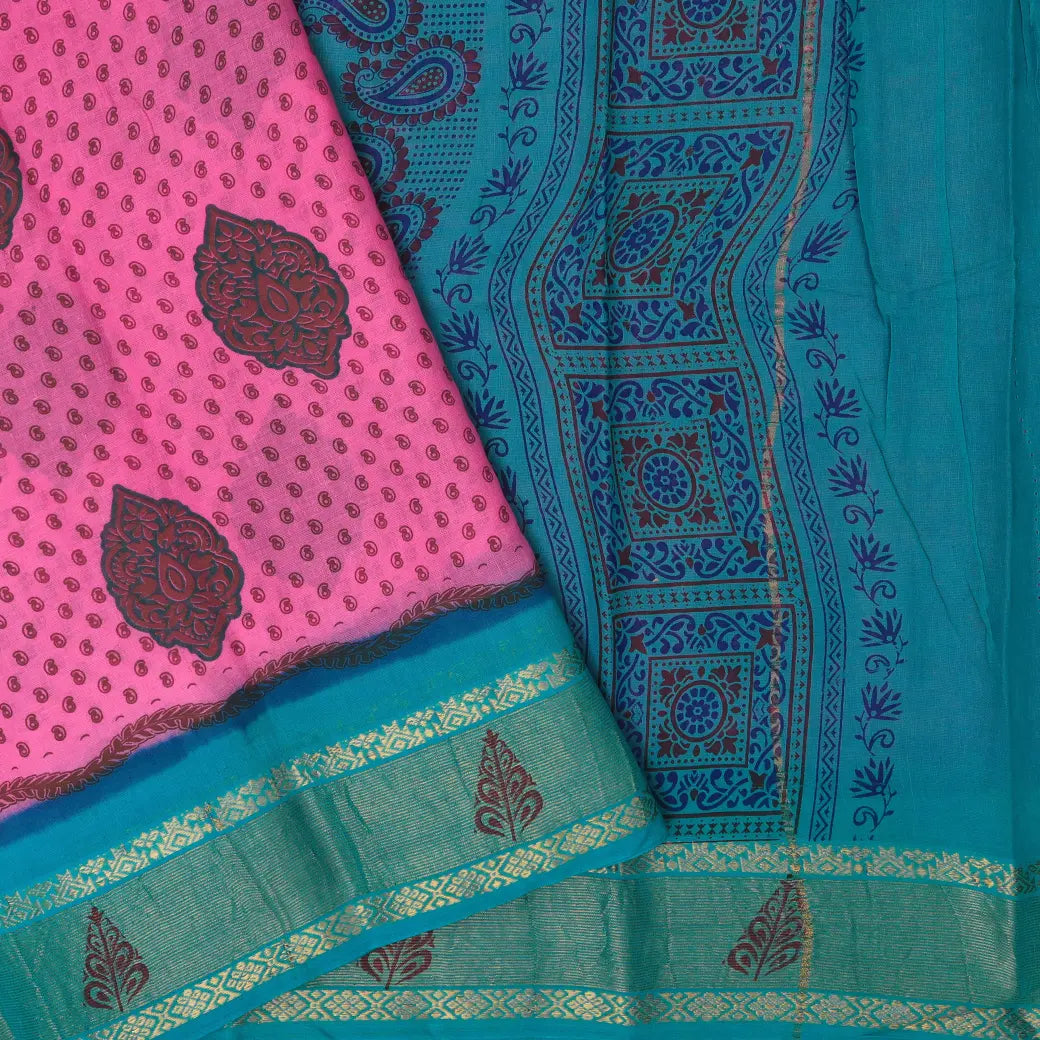 Pink with Blue  Mul Mul Cotton Saree without Blouse