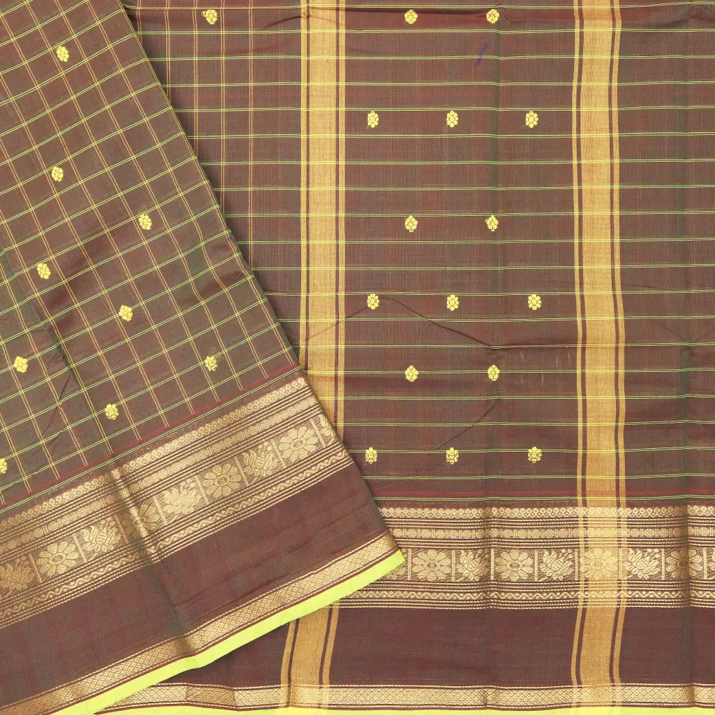 Brown with Lime Yellow Green Checked Pattern Pure Chettinad Cotton Saree without Blouse