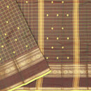 Brown with Lime Yellow Green Checked Pattern Pure Chettinad Cotton Saree without Blouse