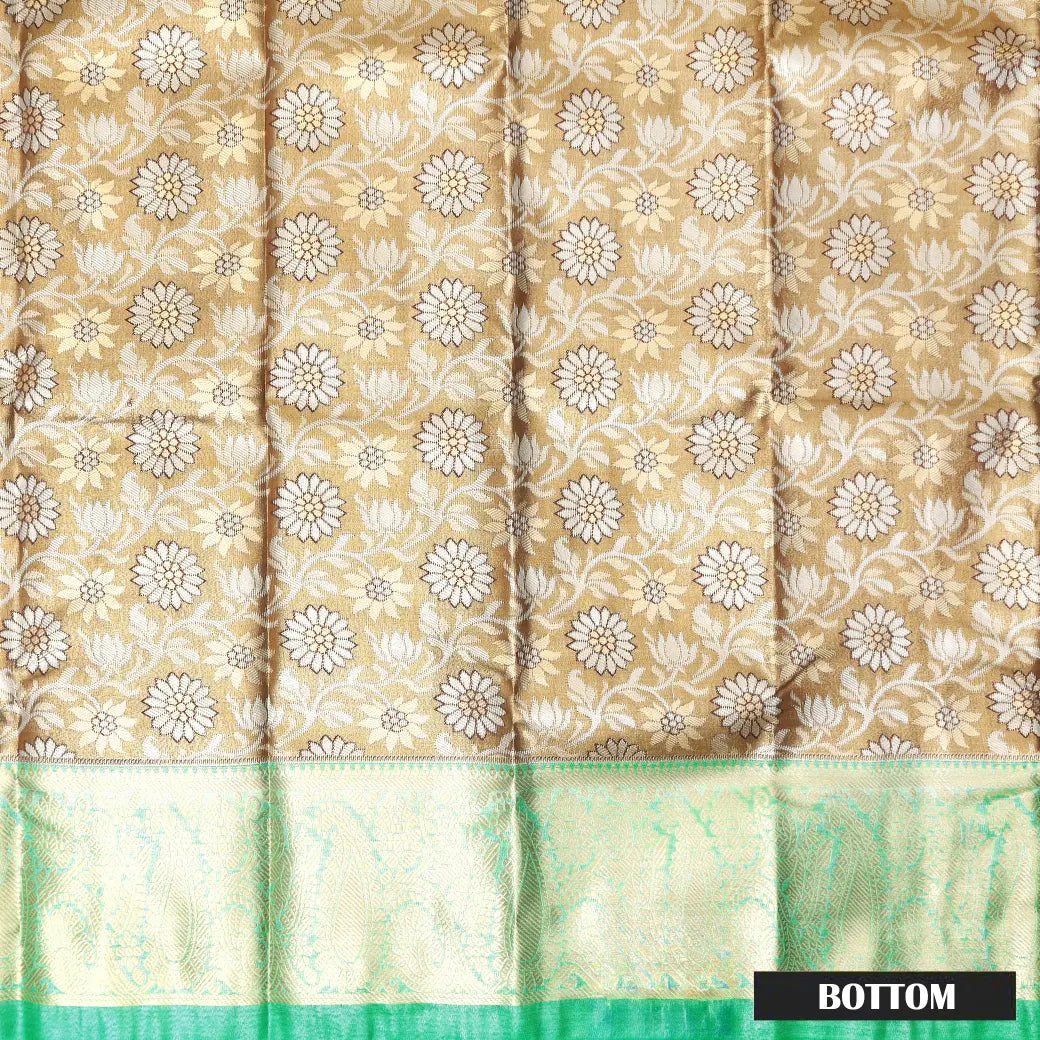 Olive gold  With Green Border Floral Design Traditional  Pattu Pavadai Material