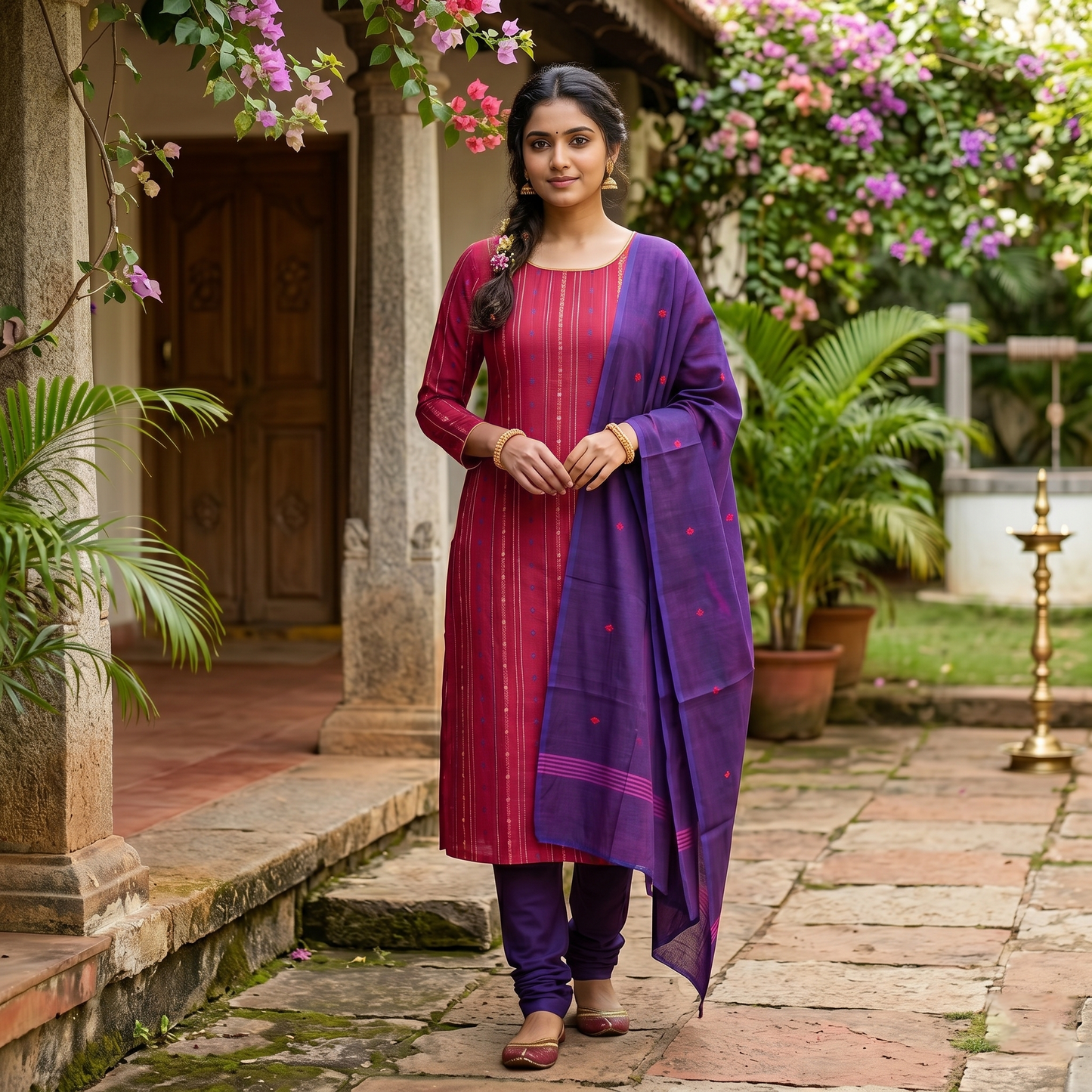 Magenta With Deep Purple Cotton Ladies Chudithar Material