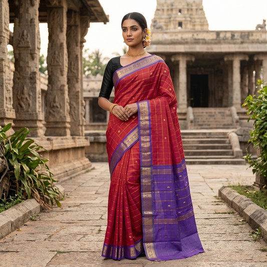 Rani Pink With Purple Contrast Border Checked Pure Cotton Saree