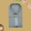 Grey art silk tissue flexi fit dhoti and readymade shirt set - Thenianantham