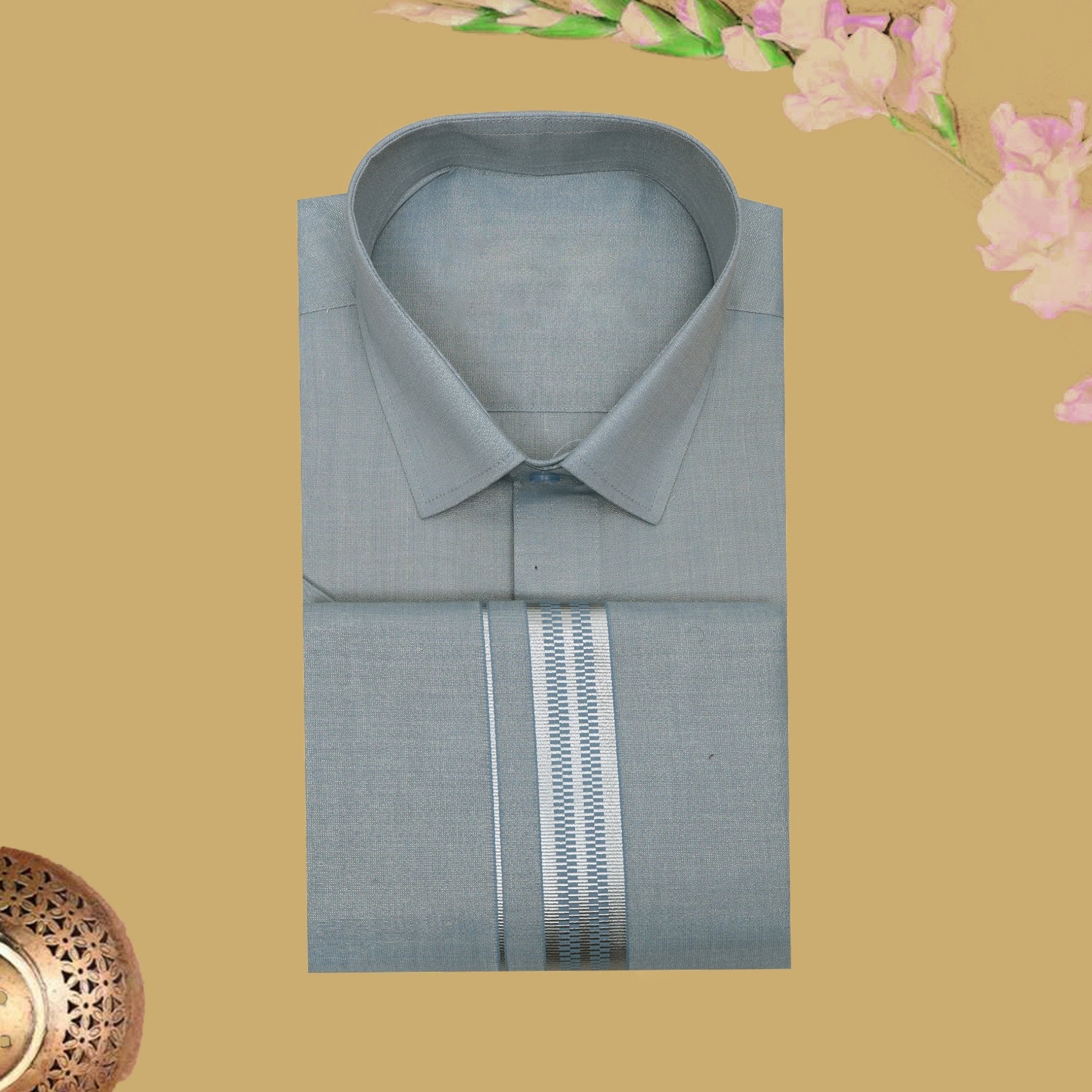 Grey art silk tissue flexi fit dhoti and readymade shirt set