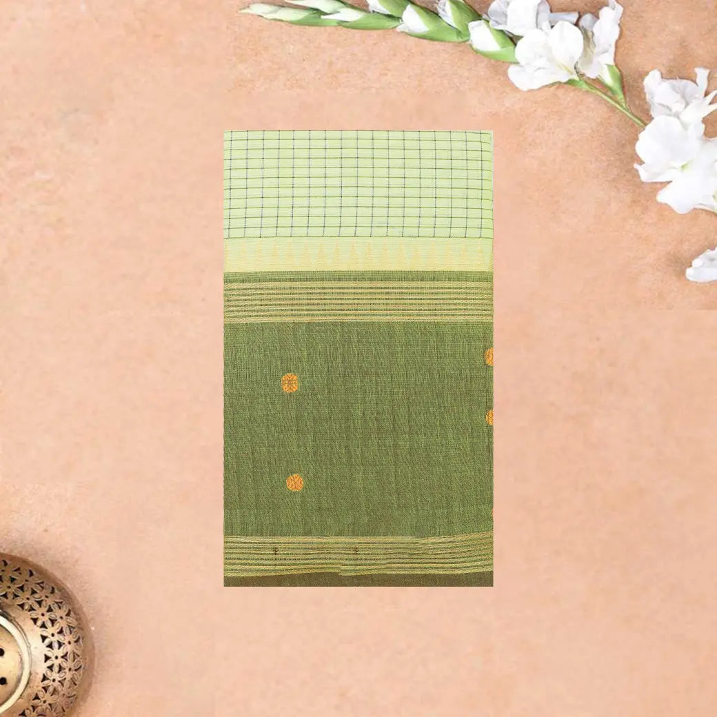 Very Lime Green with Olive Green Small Checked Pattern Pure Chettinad Cotton Saree without Blouse