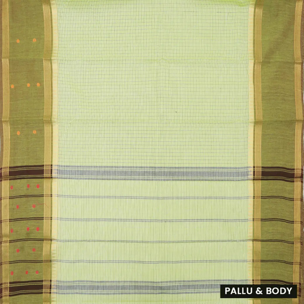 Very Lime Green with Olive Green Small Checked Pattern Pure Chettinad Cotton Saree without Blouse