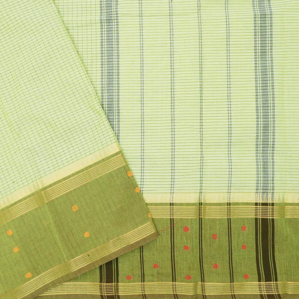 Very Lime Green with Olive Green Small Checked Pattern Pure Chettinad Cotton Saree without Blouse