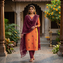 Mustard Orange With Maroon Cotton Ladies Chudithar Material
