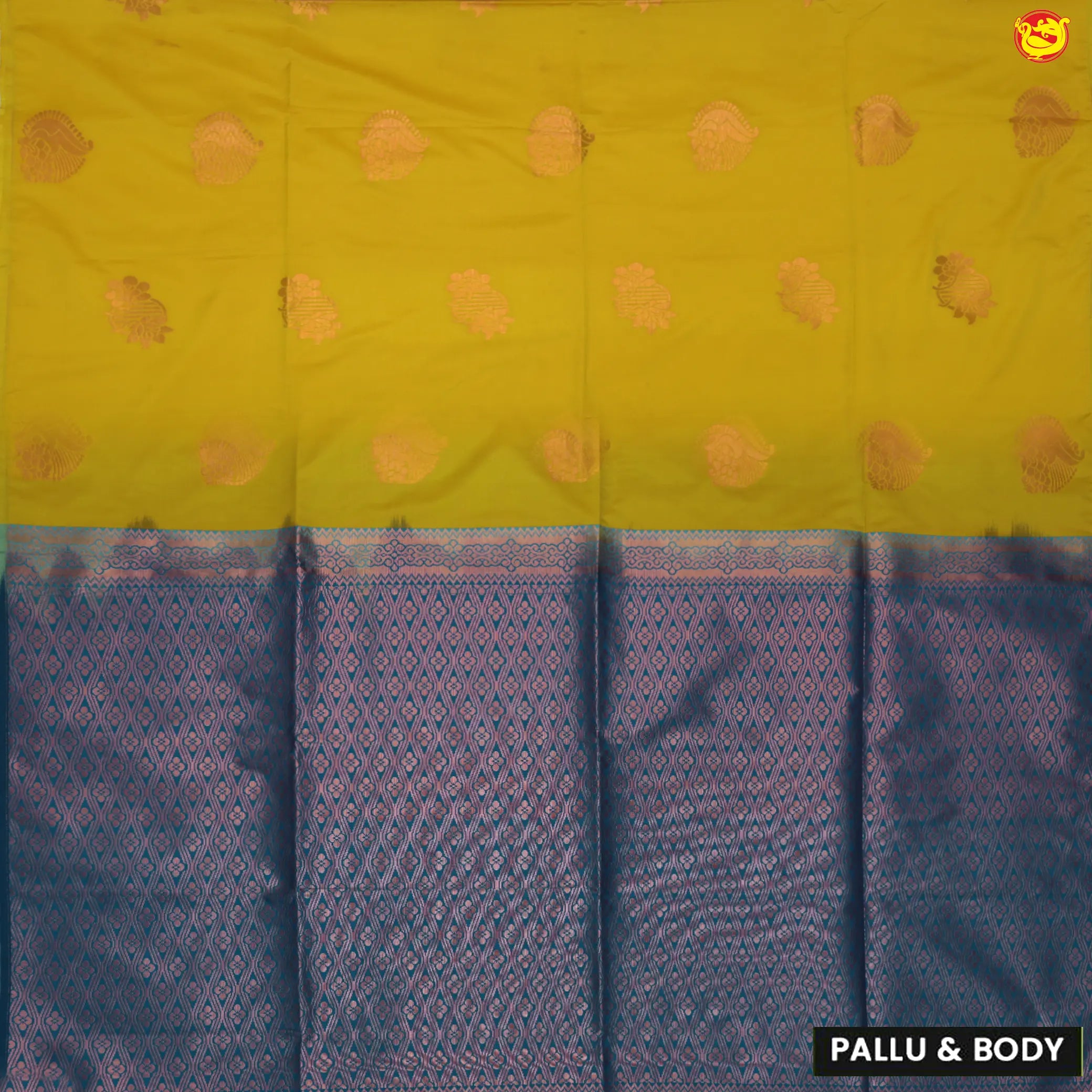 Yellow with Blue Traditional Buttas Soft Silk Saree