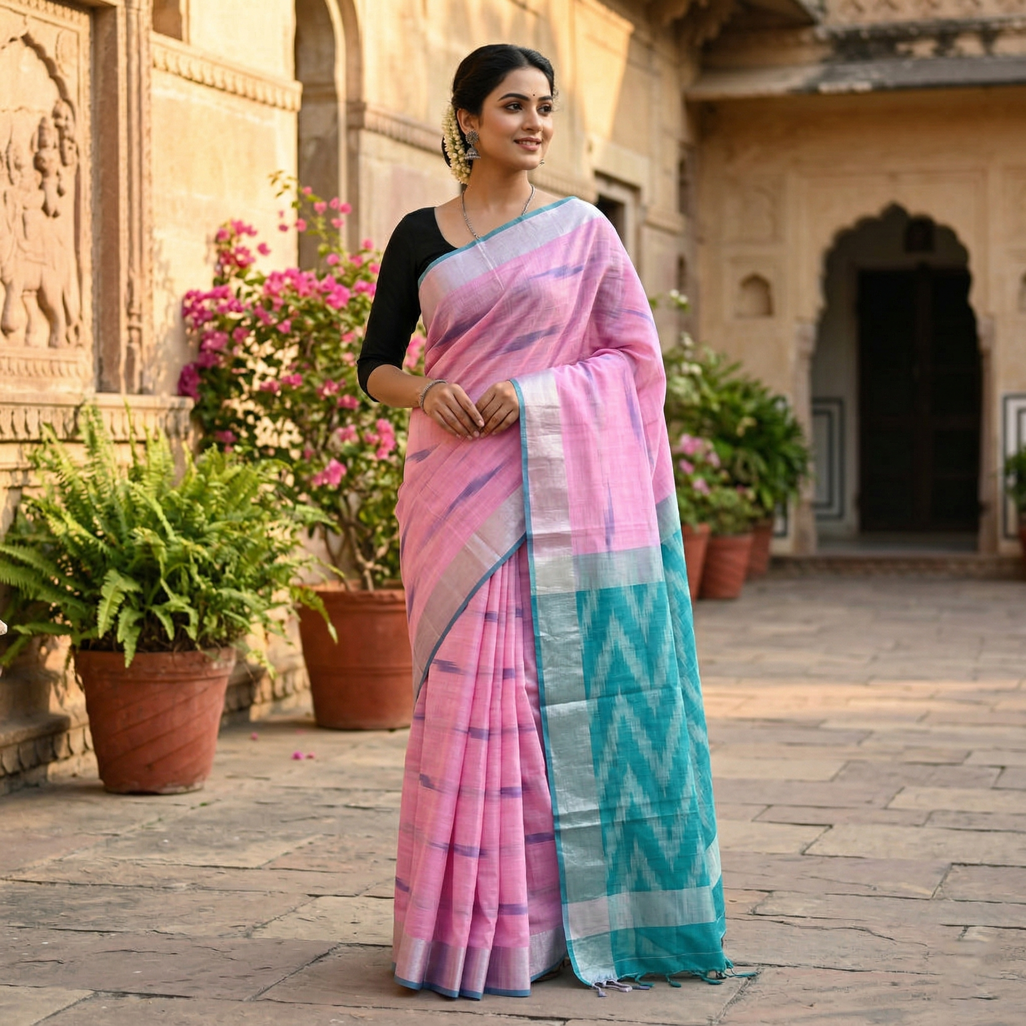 Light Pink With Turquoise Green Trendy Linen Saree