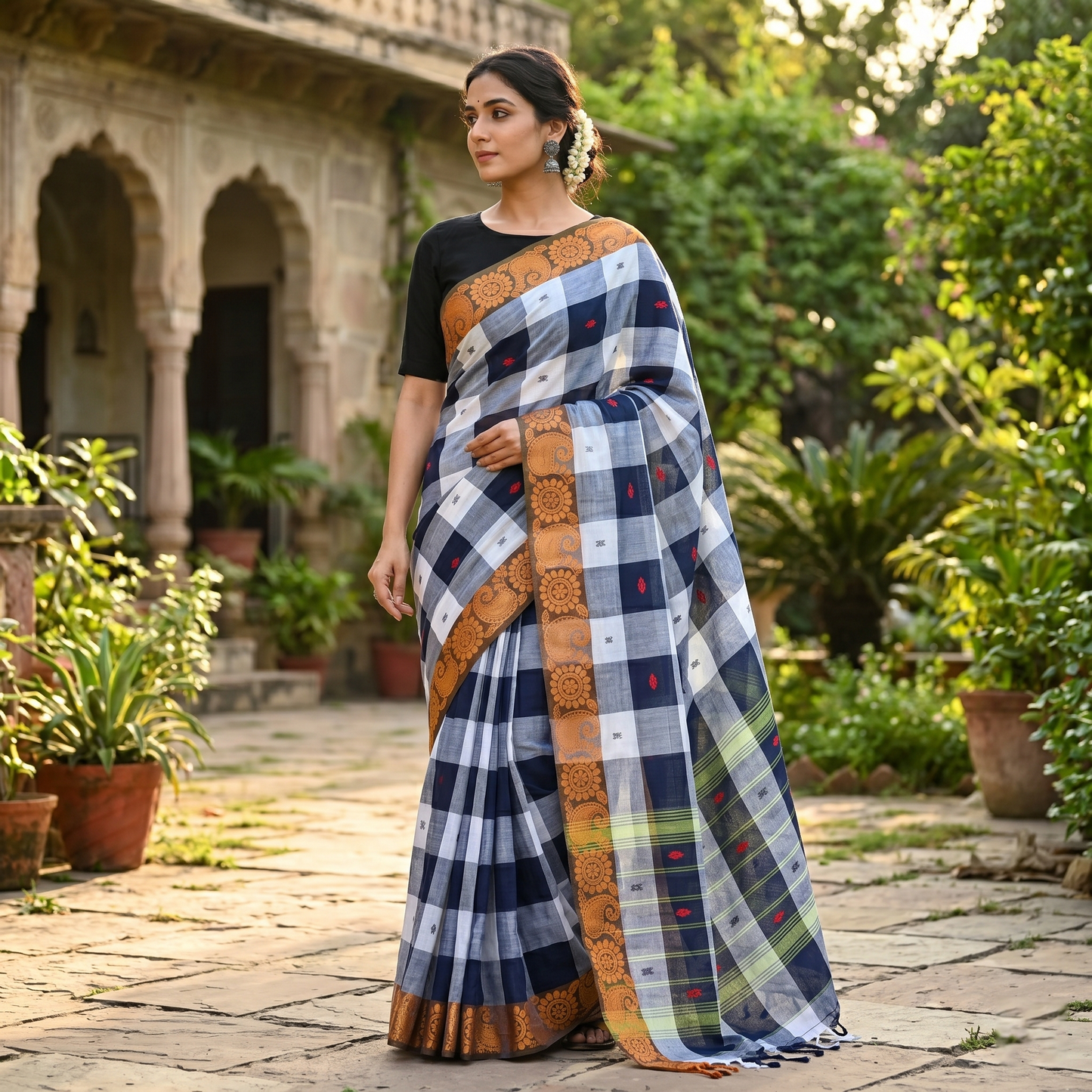 Grey With Navy Blue Checked  Pure Cotton Saree
