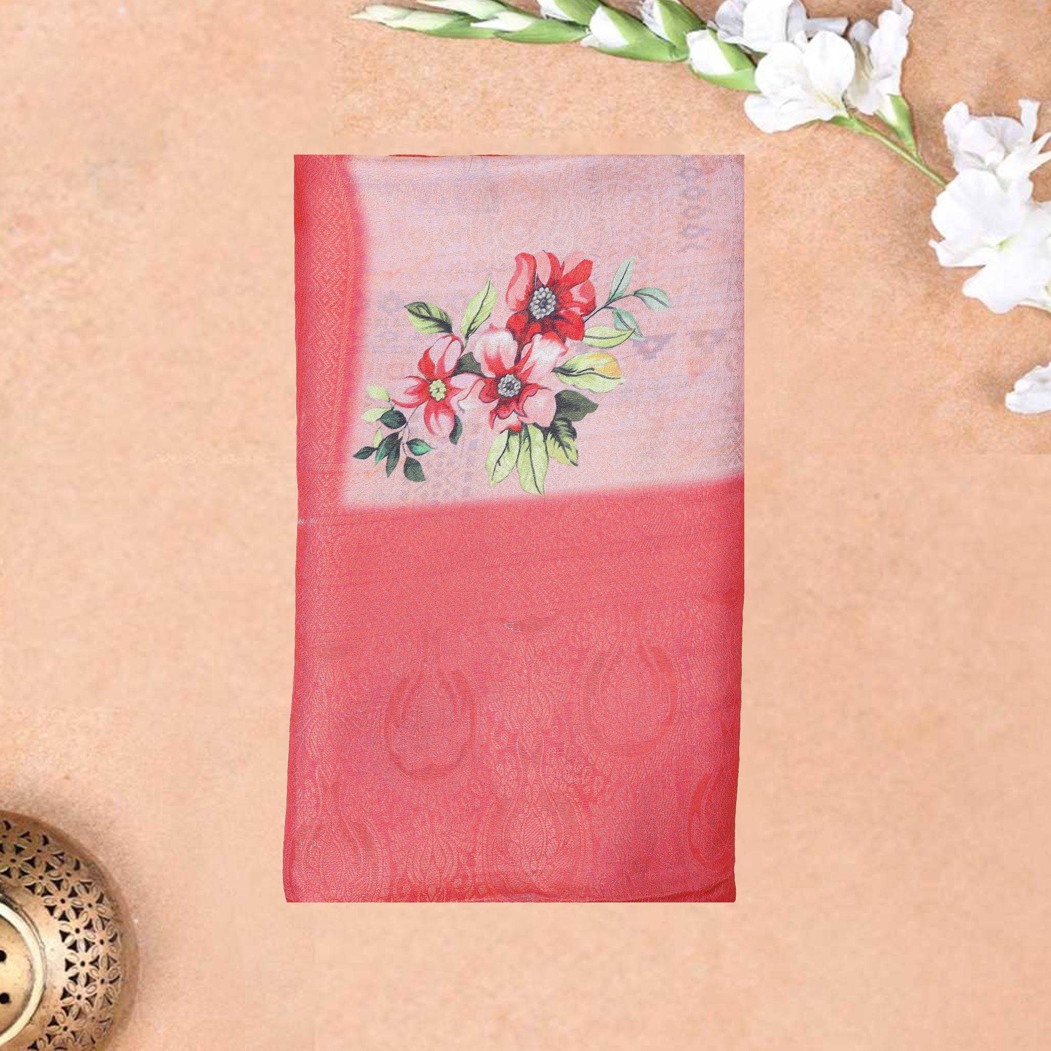 Peach with Rose pink Semi  Burberry Silk Saree