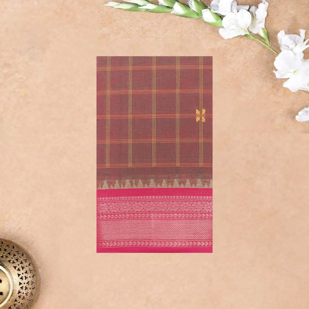 Double shade Maroon with Pink Checked Pattern Pure Chettinad Cotton Saree without Blouse