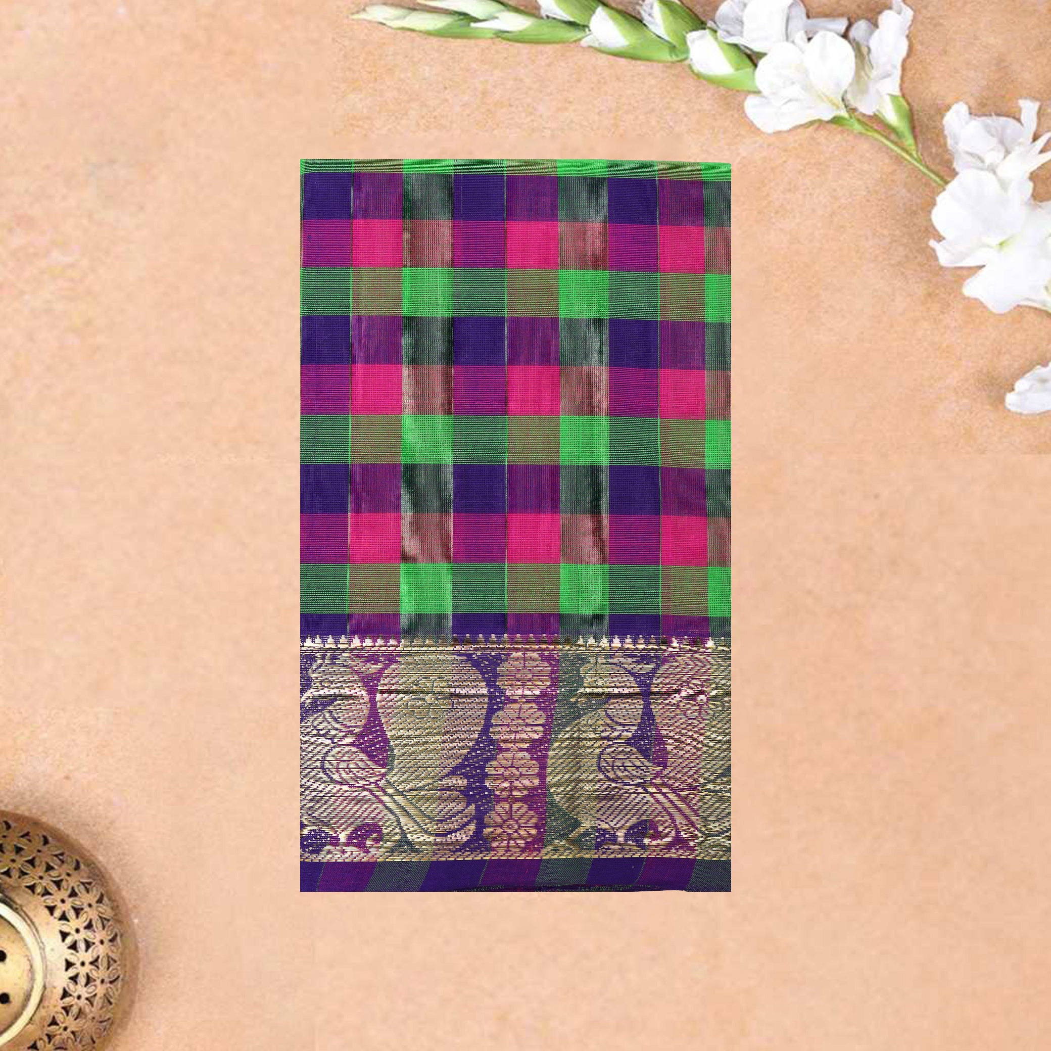 Multi Colour Small Checked Pattern Pure Chettinad Cotton Saree without Blous