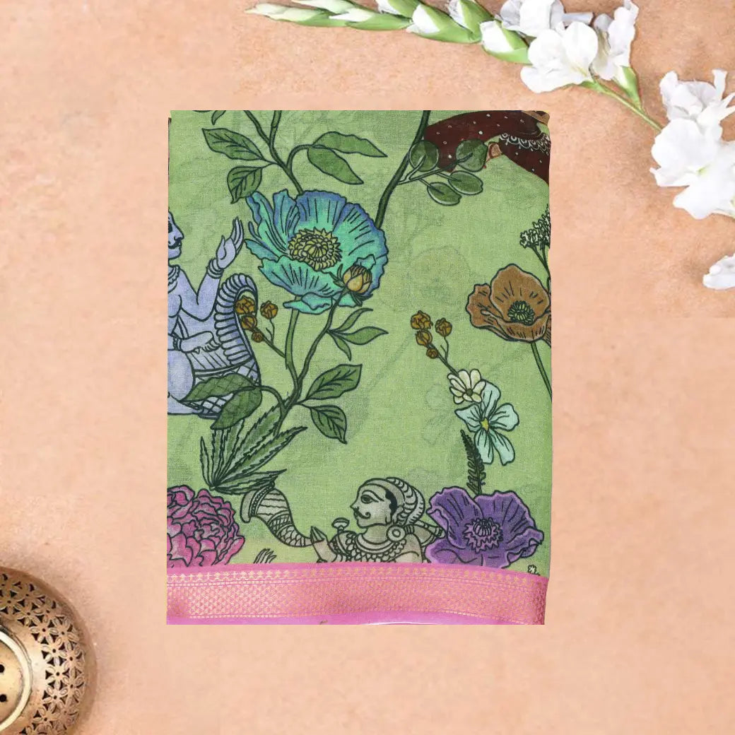 Light Green with Pink priented  floral design Semi Chanderi  Saree