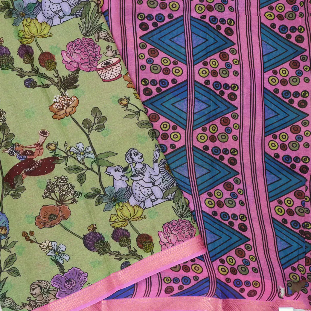 Light Green with Pink priented  floral design Semi Chanderi  Saree