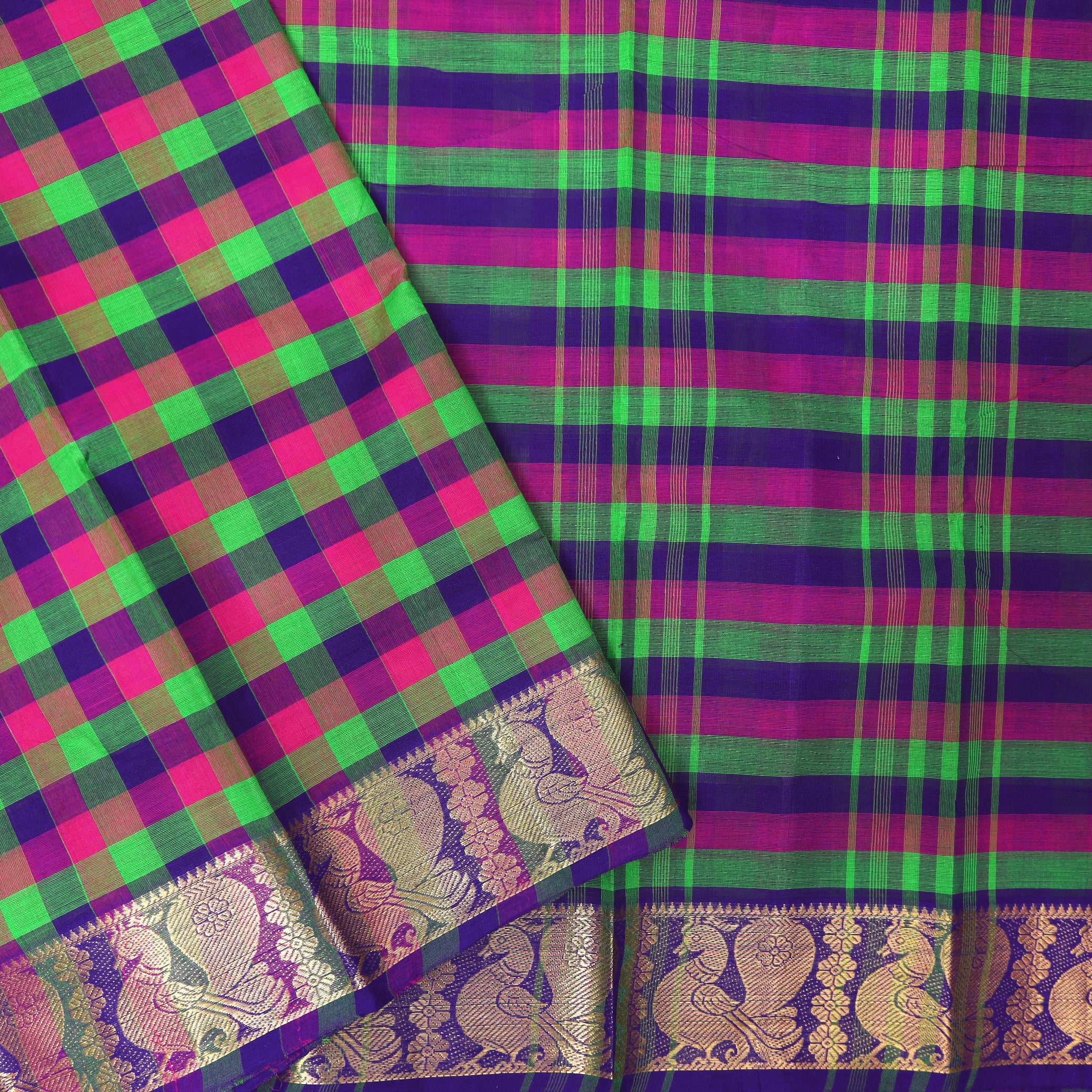 Multi Colour Small Checked Pattern Pure Chettinad Cotton Saree without Blous