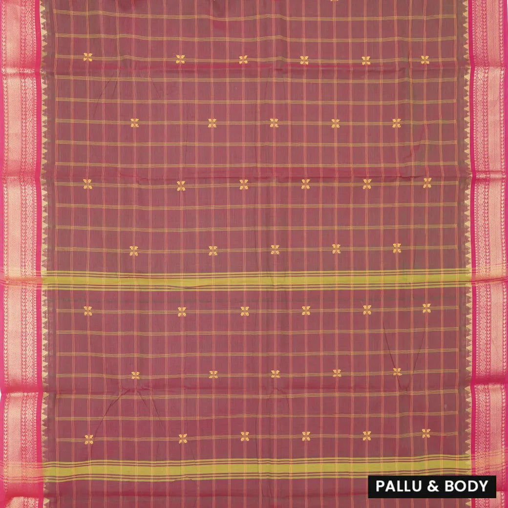 Double shade Green & Maroon with Pink Checked Pattern Pure Chettinad Cotton Saree without Blouse