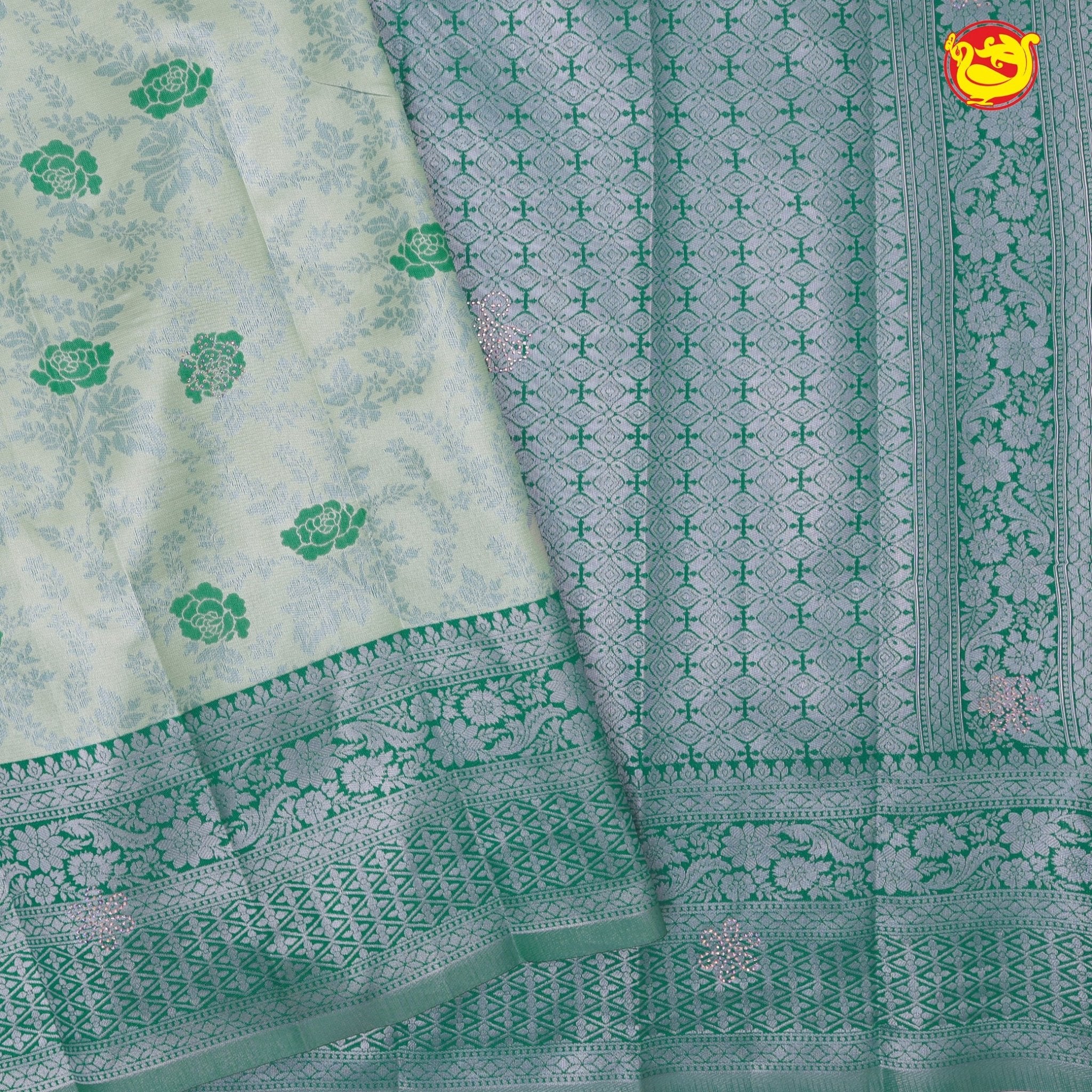 Pastel Green with Water Green Floral Motifs Soft Silk Saree