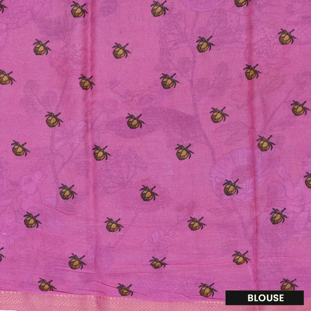 Light Green with Pink priented  floral design Semi Chanderi  Saree