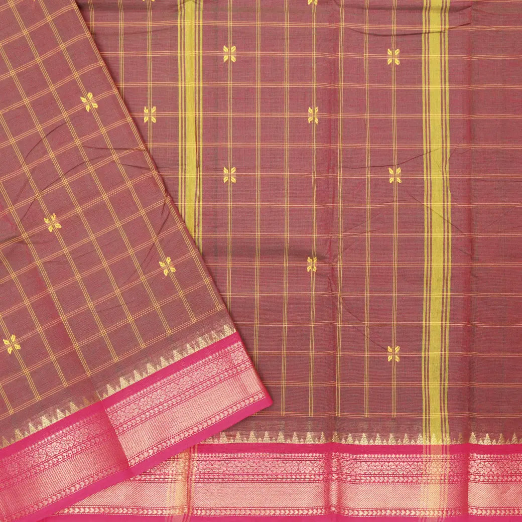 Double shade Green & Maroon with Pink Checked Pattern Pure Chettinad Cotton Saree without Blouse