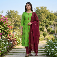 Parrot Green With Maroon Cotton Ladies Chudithar Material