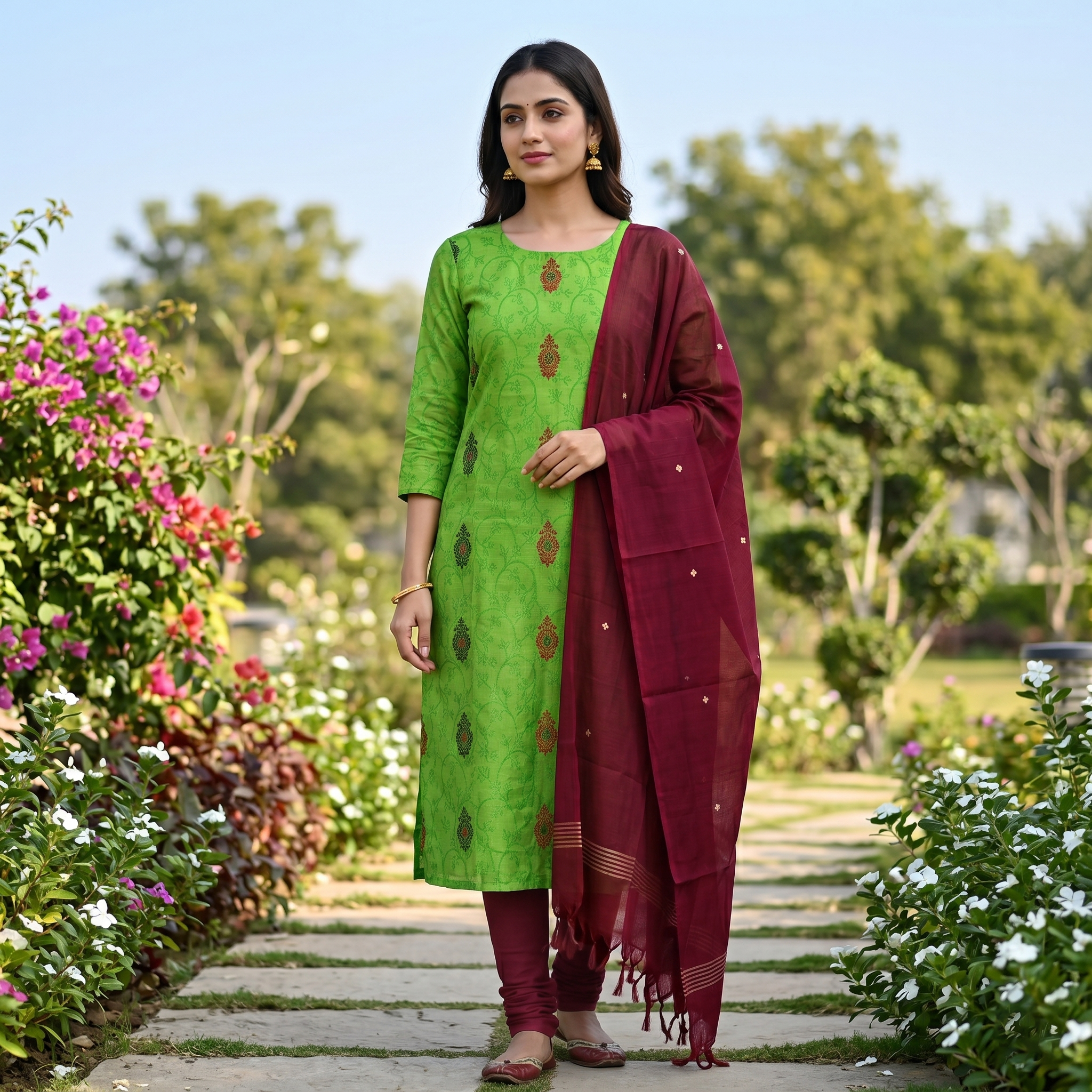 Parrot Green With Maroon Cotton Ladies Chudithar Material