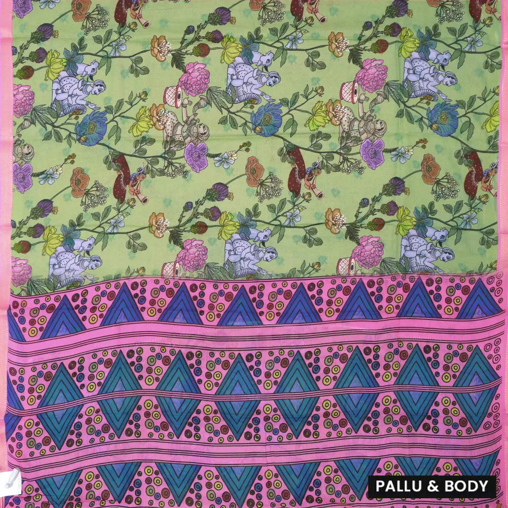 Light Green with Pink priented  floral design Semi Chanderi  Saree