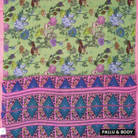Light Green with Pink priented  floral design Semi Chanderi  Saree