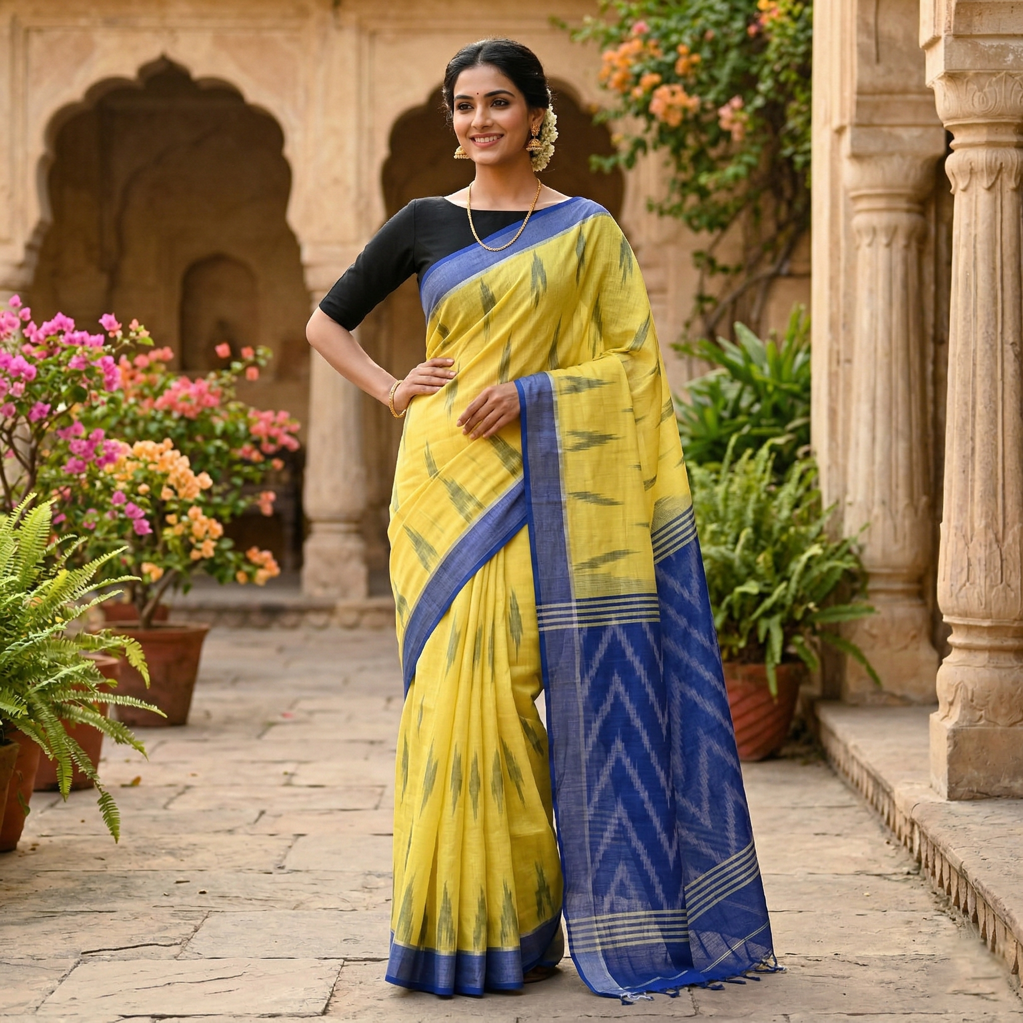 Mustard Yellow With Royal Blue Trendy Linen Saree