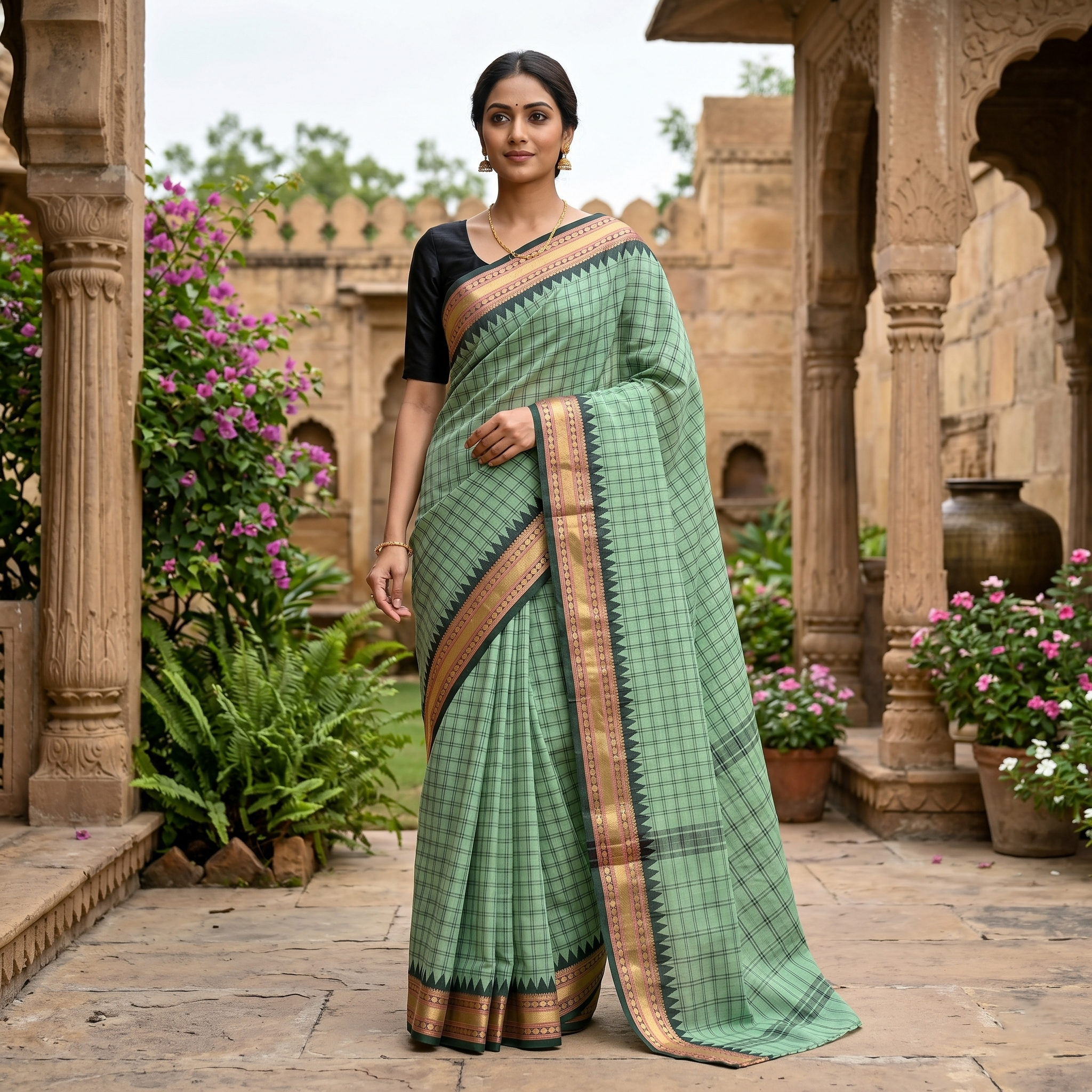 Light Green With Copper Zeri Border Checked Pure Cotton Saree