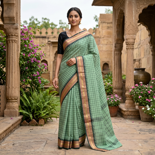 Light Green With Copper Zeri Border Checked Pure Cotton Saree