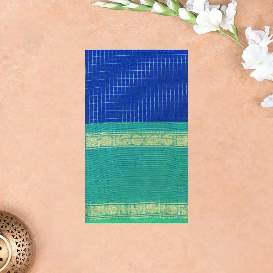 Indigo Blue with Emerald Green Small Checked Pattern Pure Chettinad Cotton Saree without Blouse